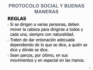PROTOCOLO SOCIAL Y BUENAS MANERAS<br />REGLAS<br />Si se dirigen a varias personas, deben mover la cabeza para dirigirse a...