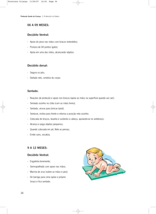Protocolo Saúde da Criança - 2. A AVALIAÇÃO DA CRIANÇA
34
Decúbito dorsal:
- Segura os pés;
- Deitado reto, simetria do corpo.
Sentado:
- Reações de proteção e apoio nos braços (apóia as mãos na superfície quando vai cair);
- Sentado sozinho no chão (com as mãos livres);
- Sentado, vira-se para brincar (pivô);
- Senta-se, inclina para frente e retorna a posição reta sozinho.
- Colocada de bruços, levanta e sustenta a cabeça, apoiando-se no antebraço;
- Alcança e pega objetos pequenos;
- Quando colocada em pé, flete as pernas;
- Emite sons, vocaliza.
9 A 12 MESES:
Decúbito Ventral:
- Engatinha livremente;
- Semi-ajoelhado com apoio nas mãos;
- Marcha de urso (sobre as mãos e pés);
- De barriga para cima apóia o próprio
braço e fica sentado.
06 A 09 MESES:
Decúbito Ventral:
- Apoio do peso nas mãos com braços entendidos;
- Postura de 04 pontos (gato);
- Apóia em uma das mãos, alcançando objetos.
Protoloco Criança 11/04/07 14:24 Page 34
 