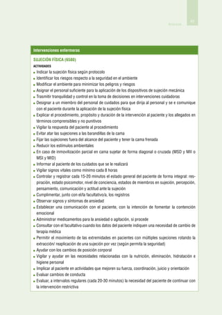 83
                                                                                  Anexos




Intervenciones enfermeras

Sujeción física (6580)
actividades
 I
 ndicar la sujeción física según protocolo
 I
 dentificar los riesgos respecto a la seguridad en el ambiente
 M
  odificar el ambiente para minimizar los peligros y riesgos
 A
  signar el personal suficiente para la aplicación de los dispositivos de sujeción mecánica
 T
  rasmitir tranquilidad y control en la toma de decisiones en intervenciones cuidadoras
 D
  esignar a un miembro del personal de cuidados para que dirija al personal y se e comunique
 con el paciente durante la aplicación de la sujeción física
 E
  xplicar el procedimiento, propósito y duración de la intervención al paciente y los allegados en
 términos comprensibles y no punitivos
 V
  igilar la respuesta del paciente al procedimiento
 E
  vitar atar las sujeciones a las barandillas de la cama
 F
  ijar las sujeciones fuera del alcance del paciente y tener la cama frenada
 R
  educir los estímulos ambientales
 E
  n caso de inmovilización parcial en cama sujetar de forma diagonal o cruzada (MSD y MII o
 MSI y MID)
 I
 nformar al paciente de los cuidados que se le realizará
 V
  igilar signos vitales como mínimo cada 8 horas
 C
  ontrolar y registrar cada 15-20 minutos el estado general del paciente de forma integral: res-
 piración, estado psicomotor, nivel de conciencia, estados de miembros en sujeción, percepción,
 pensamiento, comunicación y actitud ante la sujeción
 C
  umplimentar, junto con el/la facultativo/a, los registros
 O
  bservar signos y síntomas de ansiedad
 E
  stablecer una comunicación con el paciente, con la intención de fomentar la contención
 emocional
 A
  dministrar medicamentos para la ansiedad o agitación, si procede
 C
  onsultar con el facultativo cuando los datos del paciente indiquen una necesidad de cambio de
 terapia médica
 P
  ermitir el movimiento de las extremidades en pacientes con múltiples sujeciones rotando la
 extracción/ reaplicación de una sujeción por vez (según permita la seguridad)
 A
  yudar con los cambios de posición corporal
 V
  igilar y ayudar en las necesidades relacionadas con la nutrición, eliminación, hidratación e
 higiene personal
 I
 mplicar al paciente en actividades que mejoren su fuerza, coordinación, juicio y orientación
 E
  valuar cambios de conducta
 E
  valuar, a intervalos regulares (cada 20-30 minutos) la necesidad del paciente de continuar con
 la intervención restrictiva
 