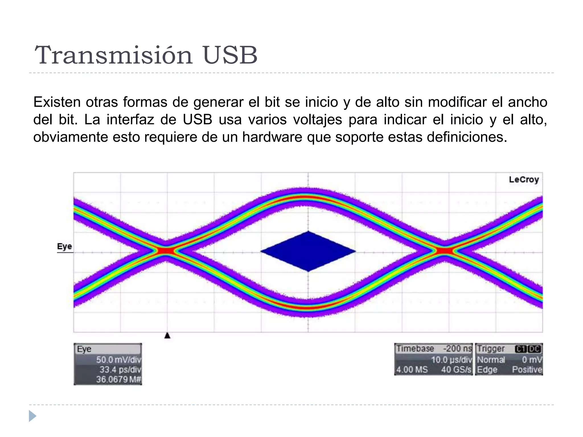 Transmisión USB
Existen otras formas de generar el bit se inicio y de alto sin modificar el ancho
del bit. La interfaz de USB usa varios voltajes para indicar el inicio y el alto,
obviamente esto requiere de un hardware que soporte estas definiciones.
 