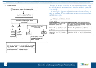 Este protocolo deve ser visto obrigatoriamente em conjunto com as linhas de cuidado onde é preconizado uma atenção multiprofissional envolvendo os dentistas, médicos, nutricionistas, psicólogos, e demais profissionais de saúde 
Em caso de herpes, tratar sífilis se VDRL ou FTAbs reagentes, o que 
será visto no retorno. Se o quadro não é sugestivo de herpes, tratar sífilis 
e cancro mole. 
Se forem lesões ulcerosas múltiplas e soro prevalência de herpes for 
maior ou igual que 30% na região, deve‐se tratar herpes concomitante 
à sífilis e cancro mole. 
6.4.a. 
Tratamento para Úlceras Genitais: 
‐ Herpes genital: 
No primeiro episódio de herpes genital, 
o tratamento deve ser iniciado o mais 
precocemente possível com: 
Nas recorrências de herpes genital, o tratamento 
deve ser iniciado de preferência quando aparecerem 
os primeiros sintomas (dores articulares, aumento de 
sensibilidade, prurido) com: 
Aciclovir 400 mg, VO, 8/8 horas por 7 
dias, ou aciclovirv 200mg, VO, 4/4 horas 
por 7 dias; ou 
Aciclovir 400 mg, VO, 8/8 horas por 5 dias, ou 
Valaciclovir 1 g, VO, 12/12 horas por 7 a 
10 dias; ou 
Valaciclovir 500 mg, VO, 12/12 horas por5 dias; ou 
6.4. Úlceras Genitais: 
Paciente com queixa de úlcera genital 
Anamnese e exame físico 
História ou evidências de lesões 
vesiculosas? 
NÃO Lesões com mais de 4 
semanas? 
Em caso de herpes, tratar sífilis se VDRL ou FTAbs reagentes, o que será visto no retorno. Se o quadro 
não é sugestivo de herpes, tratar sífilis e cancro mole. Se forem 
lesões ulcerosas múltiplas e soro prevalência de herpes for maior ou igual que 30% na região, deve‐se tratar herpes 
concomitante à sífilis e cancro mole. 
6.4.a. Tratamento para Úlceras Genitais: 
Protocolos de Enfermagem n 118 a Atenção Primária à Saúde 
‐ Herpes genital: 
No primeiro episódio de herpes genital, 
o tratamento deve ser iniciado o mais 
Nas recorrências de herpes genital, o tratamento 
deve ser iniciado de preferência quando aparecerem 
SIM 
NÃO SIM 
Tratar 
Sífilis e 
Cancro 
mole 
Tratar Sífilis, Cancro 
mole e Donovanose. 
Fazer biópsia 
Tratar 
Herpes 
Genital 
Aconselhar, oferecer anti‐HIV, VDRL, sorologia 
para hepatite B e C. Vacinar contra hepatite B, 
enfatizar a atenção ao tratamento, notificar, 
convocar parceiros e agendar retorno. 
7.4. 
7.4. 