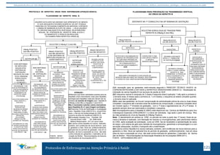 Este protocolo deve ser visto obrigatoriamente em conjunto com as linhas de cuidado onde é preconizado uma atenção multiprofissional envolvendo os dentistas, médicos, nutricionistas, psicólogos, e demais profissionais de saúde 
PROTOCOLO DE HEPATITES VIRAIS PARA ENFERMAGEM (ATENÇÃO BÁSICA) 
F L U X O G R FALMUAX O DGER A HMEAP A DTEIT E H EVPIRAATILT EB VIRAL B 
USUÁRIO ACOLHIDO NA UNIDADE QUE APRESENTE AO MENOS 
01 DOS SEGUINTES FATORES:SUSPEITA DE DST, POSSUA 
PIERCING OU TATUAGEM,COMPARTILHE MATERIAL CORTANTE 
( LÂMINA DE BARBEAR,ALICATE DE UNHA,...), SEJA USUÁRIO 
DE DROGAS INALADAS E/OU INJETADAS, SEJA PARCEIRO 
SEXUAL DE PORTADOR DE HEPATITE VIRAL B E/OU C 
OU MANIFESTE O DESEJO EM REALIZAR 
OS EXAMES PARA HEPATITES VIRAIS (1) 
SOLICITAR O HBsAg E O Anti-HBc 
HBsAg NEGATIVO 
Anti-HBc POSITIVO 
NOTIFICAR 
(CICATRIZ 
SOROLÓGICA) 
ATENÇÃO : 
HBsAG NEGATIVO 
Anti-HBc NEGATIVO 
VACINAR CONTRA 
A HEPATITE B ATÉ 
29 ANOS, INCLUSIVE, 
EXCETO SE JÁ 
TIVER 03 DOSES , 
COMPROVADAS ; 
VACINAR, INDEPEN-DENTEMENTE 
DA 
IDADE, SE DENTRO 
DAS CATEGORIAS 
DE RISCO PARA 
HEPATITE B, 
ELENCADAS PELO PNI 
( VIDE ANEXO 2 ) 
(1)Sempre que forem solicitados exames para as 
hepatites virais (marcadores virais para hepatites, 
sorologia para hepatites virais,etc) devem ser so-licitados 
os exames de triagem para Hepatite B 
(HBsAg e Anti-HBc) e Hepatite C (Anti-HCV). 
Não é necessário solicitar outros marcadores 
para Hepatites B e C para triagem sorológica. 
(2)Preencher Ficha de Notificação e Investigação 
para Hepatites Virais (ANEXO 6) e encaminhar 
para o Serviço de Epidemiologia do CMS mais 
próximo da área de residência (ANEXO 5). 
(3)Fundação Oswaldo Cruz - Pavilhão 108 
Avenida Brasil, 4365 Tel: 2598-4438 
Médica Responsável : Drª Lia Laura Lewis 
(4)A vacina contra Hepatite A é vacina inativada, 
portanto, sem evidências de riscos teóricos para 
a gestante e o feto. Deve ser, preferencialmente, 
aplicada fora do período de gestação, mas em si-tuações 
de risco a exposição ao vírus, não está 
contra-indicada em gestantes ( Calendário de Va- 
HBsAg POSITIVO 
Anti-HBc POSITIVO HBsAG POSITIVO 
Anti-HBc NEGATIVO 
(COM SINTOMAS DE 
INFECÇÃO AGUDA OU 
ASSINTOMÁTICO) 
NOTIFICAR (2) 
FONTE : GPHV/ cinação da Mulher - Recomendações da Associa- 
SMSDC/RIO 2011 ç ãçoã oB rBarsailseilierair ad ed eIm Imunuinzaizçaõçeõse-s2-021011)1. ) . 2 2 2 
GESTANTE NA 1ª CONSULTA E NA 30ª SEMANA DE GESTAÇÃO 
SOLICITAR SOROLOGIA DE TRIAGEM PARA 
HEPATITE B (HBsAg E Anti-HBc) 
HBsAg POSITIVO 
Anti-HBc POSITIVO OU NEGATIVO 
HBsAg NEGATIVO 
Anti-HBc NEGATIVO 
HBsAg NEGATIVO 
Anti-HBc POSITIVO 
HEPATITE B 
CURADA 
NOTIFICAR E 
ENCAMINHAR A 
A NOTIFICAÇÂO AO 
SERVIÇO DE 
EPIDEMIOLOGIA DO 
CMS MAIS PRÓXIMO 
DA RESIDÊNCIA, 
PARA INVESTIGAR 
OS COMUNICANTES. 
NÃO É NECESSÁRIO 
ENCAMINHAR A 
GESTANTE PARA 
VACINAÇÃO 
SUSCETÍVEL 
VACINAR A GESTANTE 
APÓS O 1º TRIMESTRE 
DE GESTAÇÃO(1)(2)(3) 
VACINAR A CRIANÇA 
COM A 1ª DOSE CONTRA 
HEPATITE B, NAS 
PRIMEIRAS 12 HORAS DE 
VIDA E AGENDAR A 2ª E 
A 3ª DOSES PARA A 
A UNIDADE BÁSICA DE 
SAÚDE(2) 
HEPATITE B 
CONTACTAR O CRIE, 
LOGO APÓS O PARTO 
E OBTER A 
IMUNOGLOBULINA(3) 
NOTIFICAR E ENCAMINHAR AO 
SERVIÇO DE EPIDEMIOLOGIA 
DO CMS MAIS PRÓXIMO DA 
RESIDÊNCIA PARA INVESTIGAR 
OS COMUNICANTES E 
REALIZAR MONITORAMENTO 
(2)(5) 
REALIZAR A VACINAÇÃO E A APLICAÇÃO DA 
IMUNOGLOBULINA (HBIG) NA CRIANÇA, NAS PRIMEIRAS 
12 HORAS DE VIDA, AINDA NA MATERNIDADE(2)(4) 
Protocolos de Enfermagem na Atenção Primária à Saúde 121 
NOTIFICAR (2) 
INVESTIGAR AS 
PESSOAS QUE 
RESIDAM NO MESMO 
DOMICÍLIO, SEJAM 
FAMILIARES OU NÃO, 
INCLUINDO 
O(S) PARCEIRO(S) 
SEXUAL(IS), 
SOLICITANDO 
HBsAg E Anti-HBc 
(EXAMES DE TRIAGEM) 
ENCAMINHAR, 
VIA SISREG, PARA 
GRUPO DE 
ATENDIMENTO DE 
HEPATITES VIRAIS, 
POLICLÍNICAS (LISTAR 
RESULTADOS DE 
EXAMES NO PEDIDO 
DE AGENDAMENTO); 
SOLICITAR SOROLOGIA 
PARA HEPATITE C 
(Anti-HCV); 
INVESTIGAR AS 
PESSOAS QUE 
RESIDAM NO MESMO 
DOMICÍLIO, SEJAM 
FAMILIARES OU NÃO, 
INCLUINDO O(S) 
PARCEIRO(S) 
SEXUAL(IS), 
SOLICITANDO 
HBsAg e Anti-HBc 
(EXAMES DE TRIAGEM); 
ENCAMINHAR AO 
CRIE PARA VACINA 
CONTRA HEPATITE A, 
EXCETO SE TIVER 
SOROLOGIA POSITIVA 
Anti-HAV IgG REAGENTE 
( VIDE ANEXO 1 )(4) 
COM SINTOMAS 
DE INFECÇÃO 
AGUDA E/OU 
HISTÓRIA DE 
EXPOSIÇÃO 
RECENTE AO VHB 
E/OU VIRAGEM 
SOROLÓGICA 
RECENTE 
( < 02 MESES ) 
SEM SINTOMAS 
E SEM 
HISTÓRIA 
DE EXPOSIÇÃO 
RECENTE AO 
VHB 
ENCAMINHAR, VIA 
SISREG, PARA GRUPO 
DE ATENDIMENTO 
DE HEPATITES VIRAIS, 
POLICLÍNICAS(COLOCAR 
RESULTADOS DE 
EXAMES NO PEDIDO DE 
AGENDAMENTO); 
SOLICITAR SOROLOGIA 
PARA HEPATITE C 
(Anti-HCV); 
INVESTIGAR AS 
PESSOAS QUE MOREM 
NO MESMO DOMICÍLIO, 
SEJAM FAMILIARES OU 
NÃO, INCLUINDO O(S) 
PARCEIRO(S) SEXUAL(IS) 
SOLICITANDO 
HBsAg E Anti-HBc 
(EXAMES DE TRIAGEM); 
ENCAMINHAR AO 
CRIE PARA VACINA 
CONTRA HEPATITE A, 
EXCETO SE TIVER 
SOROLOGIA POSITIVA 
Anti-HAV IgG REAGENTE 
( VIDE ANEXO 1 )(4) 
ENCAMINHAR, COM 
GUIA DE REFERÊNCIA E 
CONTRA REFERÊNCIA, 
AO AMBULATÓRIO DE 
ATENDIMENTO DE 
HEPATITES VIRAIS 
(FIOCRUZ)(3) 
SOLICITAR SOROLOGIA 
PARA HEPATITE C 
(Anti-HCV); 
INVESTIGAR AS 
PESSOAS QUE 
RESIDAM NO MESMO 
DOMICÍLIO, SEJAM 
FAMILIARES OU NÃO, 
INCLUINDO PARCEIRO(S) 
SEXUAL(IS), 
SOLICITANDO 
HBsAg E Anti-HBc 
(EXAMES DE TRIAGEM); 
ENCAMINHAR AO CRIE 
P/ VACINA CONTRA HEP. 
A, EXCETO SE TIVER 
SOROLOGIA POSITIVA 
Anti-HAV IgG REAGENTE 
( VIDE ANEXO 1 )(4) 
FLUXOGRAMA PARA PREVENÇÃO DA TRANSMISSÃO VERTICAL 
DO VÍRUS DA HEPATITE B 
(1)A vacinação para as gestantes está indicada, segundo o PARECER TÉCNICO 04/2010 do 
CGPNI/DEVEP/SVS/MS e DST-AIDS e HEPATITES VIRAIS/SVS/MS (ANEXO 2) -¨Atualização da 
indicação da vacina hepatite B nos serviços de saúde do SUS¨. 
(2)O esquema vacinal é composto de 3 doses.A segunda dose é aplicada 1 mês após a primeira e 
a terceira dose, 6 meses após a primeira (0, 1 e 6 meses); o esquema só estará completo quando 
a terceira dose for aplicada. 
(3)No caso das gestantes, se houver comprovação de administração prévia de uma ou duas doses, 
completar o esquema até a terceira dose.Na ausência de comprovação, o esquema completo deve 
ser iniciado (após o 1º trimestre de gestação), com a 1ª dose e agendamento da 2ª e 3ª doses. A 
gestante sempre deve ser estimulada a completar o esquema. 
(4)A Imunoglobulina para a Hepatite B (HBIG) está disponível nos Centros de Referência para Imu-nobiológicos 
Especiais (CRIE)(ANEXO 1) e deve ser solicitada, logo após o parto de criança, filha 
de mãe portadora do vírus da Hepatite B (HBsAg Positivo). 
Nota : O atendimento em ambos os CRIE, no período da noite (a partir das 17 horas), finais de se-mana 
e feriados é realizado, com liberação de vacinas ou imunoglobulinas, pelo plantonista médico 
do CRIE, após avaliação da solicitação. Junto ao CRIE, faz-se necessário a apresentação de caixa 
de isopor, com bobina de gelo para retirada da imunoglobulina, garantindo a armazenagem e a con-servação 
adequadas, durante o transporte até a maternidade. 
(5)A vacina contra Hepatite A é vacina inativada, portanto, sem evidências de riscos teóricos para a 
gestante e o feto. Deve ser aplicada fora do período de gestação, preferencialmente, mas em situa-ções 
de risco a exposição ao vírus, não está contra-indicada em gestantes ( Calendário de Vacina-ção 
da Mulher - Recomendações da Associação Brasileira de Imunizações-SBIM-2011). 
FONTE : GPHV/SMSDC/RIO 2011 3 
 