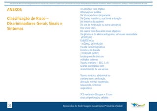 Este protocolo deve ser visto obrigatoriamente em conjunto com as linhas de cuidado onde é preconizado uma atenção multiprofissional envolvendo os dentistas, médicos, nutricionistas, psicólogos, e demais profissionais de saúde 
ANEXOS 
Classificação de Risco – 
Discriminadores Gerais Sinais e 
Sintomas 
A Classificar risco implica 
Observação e Análise 
Da Situação clínica do paciente 
Da Queixa manifesta, sua forma e duração 
Do histórico do paciente 
Do uso de medicação ou outra substância 
Dos sinais vitais 
Do exame físico buscando sinais objetivos 
Da glicemia e do eletrocardiograma, se houver necessidade 
VERMELHO 
EMERGÊNCIA 
1 CÓDIGO DE PARADA 
Parada Cardiorespiratória 
Iminência de Parada 
2 TRAUMA GRAVE 
Lesão grave de único ou 
múltiplos sistemas 
Trauma craniano – ECG 2 a 8 
Grande queimadura com 
acometimento de vias aéreas 
Trauma torácico, abdominal ou 
craniano com: perfuração, 
alteração mental, hipotensão, 
taquicardia, sintomas 
respiratórios 
TCE moderado Glasgow < 8 com 
sinais de perfuração, cefaléia 
Protocolos de Enfermagem n 32 a Atenção Primária à Saúde 
 