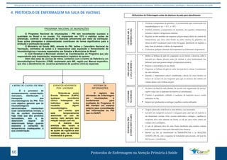 Este protocolo deve ser visto obrigatoriamente em conjunto com as linhas de cuidado onde é preconizado uma atenção multiprofissional envolvendo os dentistas, médicos, nutricionistas, psicólogos, e demais profissionais de saúde 
4. PROTOCOLO DE ENFERMAGEM NA SALA DE VACINAS 
O Programa Nacional de Imunizações / PNI tem reconhecido sucesso e 
qualidade no Brasil e no mundo. Foi implantado em 1973 e viabiliza ações de 
prevenção, controle e erradicação de doenças preveníveis por meio da vacinação. 
Suas ações planejadas e sistematizadas contribuem de forma significativa para a 
proteção e promoção da saúde. 
O Ministério da Saúde (MS), através do PNI, define o Calendário Nacional de 
Vacinação, normatiza as ações e é responsável pela aquisição e fornecimento de 
imunobiológicos e insumos repassados aos Estados e Municípios do Brasil. 
A nível Estadual e Municipal existem as Coordenações do Programa que são 
responsáveis pela implantação, implementação e logística do mesmo. 
Além das salas de vacinas de rotina, contamos com o Centro de Referência em 
Imunobiológicos Especiais (CRIE) implantado pelo MS, regido por Manual específico, 
que visa o atendimento de usuários portadores de quadros clínicos especiais. 
A REDE OU CADEIA DE FRIO 
É o processo de 
armazenamento, conservação, 
manuseio, distribuição e 
transporte dos 
imunobiológicos do PNI. Tem 
com objetivo garantir que os 
imunobiológicos 
administrados mantenham 
suas características iniciais, a 
fim de conferir imunidade, 
haja vista que são produtos 
termolábeis, isto é, se 
deterioram depois de 
determinado tempo quando 
expostos a variações de 
temperaturas inadequadas à 
sua conservação. 
PROGRAMA NACIONAL DE IMUNIZAÇÕES 
EVENTOS ADVERSOS 
POS –VACINAIS 
Entende-se como 
Evento Adverso (EAPV) 
qualquer ocorrência 
clínica indesejável em 
indivíduo que tenha 
recebido algum 
imunobiológico. 
Um evento que 
está temporalmente 
associado ao uso da 
vacina, nem sempre tem 
relação causal com ela. 
A maioria dos 
eventos são locais e 
sistêmicos leves, por isso 
as ações de vigilância são 
voltadas para os eventos 
moderados e graves. 
SISTEMA DE 
INFORMAÇÕES 
O registro das 
atividades de enfermagem 
em imunizações é 
fundamental para 
avaliação do Programa. O 
MS mantém um sistema 
próprio para consolidação 
das informações do PNI 
que é o SI/API. 
Atribuições de Enfermagem antes da abertura da sala para atendimento: 
 Verificar a temperatura da geladeira. A recomendada para conservação dos 
imunobiológicos é de + 2º C a + 8ºC; 
 Verificar primeiro: a temperatura do momento, em seguida a temperatura 
máxima e depois a temperatura mínima; 
 Registrar as três medidas em impresso próprio (mapa diário de controle de 
temperatura), que deve estar fixado na parte externa da geladeira, em 
altura de fácil visualização para todos da equipe, lembrando de registrar a 
data, hora da aferição e rubrica do responsável; 
 Comunicar qualquer alteração de temperatura ao Enfermeiro responsável; 
Protocolos de Enfermagem n 66 a Atenção Primária à Saúde 
1 
ORGANIZAR 
 Limpar a bancada, onde ficará a caixa térmica, caso necessário. 
 Garantir um recipiente exclusivo e adequado para cada tipo de material a 
ser descartado: vacinas vivas, vacinas inativadas e seringas / agulhas (o 
recipiente deve estar distante da lixeira, ou da pia para evitar entrar em 
contato com a umidade); 
 A sala de aplicação deve ter uma lixeira destinada para resíduo comum 
(saco transparente) e outra para infectante (saco branco); 
 Manter um Kit de atendimento às EMERGÊNCIAS e às REAÇÕES 
ANAFILÁTICAS, com o esquema de tratamento preconizado, em local de 
fácil acesso e visualização. 
CONTROLAR A 
TEMPERATURA 
 Retirar as bobinas de gelo do congelador ou do freezer e deixá-las sobre a 
bancada por alguns minutos antes de montar a caixa (ambientação das 
bobinas), para que possam atingir a temperatura positiva; 
 Separar a caixa térmica de uso diário; 
 Organizar as bobinas de gelo ao redor das paredes e colocar o termômetro 
de cabo extensor; 
 Quando a temperatura estiver estabilizada, colocar na caixa térmica os 
frascos de vacinas em um recipiente para que os mesmos não entrem em 
contato direto com a bobina de gelo. 
 Colocar na caixa térmica a quantidade aproximada para a jornada de 
trabalho a fim de evitar a abertura da geladeira mais vezes do que o 
necessário; 
ORGANIZAR 
CAIXA TÉRMICA 
 No início ou final de cada plantão, de acordo com organização do serviço, 
suprir a sala com os materiais necessários ao atendimento; 
 Conferir a quantidade, validade e condições de materiais secos a serem 
utilizados no dia; 
 Separar por graduações as seringas e agulhas a serem utilizadas: 
CONFERIR 
MATERIAIS 
INFORMAÇÕES 
COMPLEMENTARES 
 