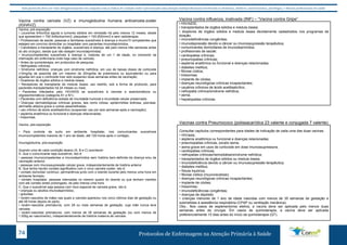 Este protocolo deve ser visto obrigatoriamente em conjunto com as linhas de cuidado onde é preconizado uma atenção multiprofissional envolvendo os dentistas, médicos, nutricionistas, psicólogos, e demais profissionais de saúde 
Vacina contra varicela (VZ) e imunoglobulina humana antivaricela-zoster 
(IGHAVZ) 
Vacina, pré-exposição 
• Leucemia linfocítica aguda e tumores sólidos em remissão há pelo menos 12 meses, desde 
que apresentem > 700 linfócitos/mm3, plaquetas > 100.000/mm3 e sem radioterapia; 
• Profissionais de saúde, pessoas e familiares suscetíveis à doença e imuno15 competentes que 
estejam em convívio domiciliar ou hospitalar com pacientes imunodeprimidos; 
• Candidatos a transplante de órgãos, suscetíveis à doença, até pelo menos três semanas antes 
do ato cirúrgico, desde que não estejam imunodeprimidas; 
• Imunocompetentes suscetíveis à doença e, maiores de um 1 de idade, no momento da 
internação em enfermaria onde haja caso de varicela; 
• Antes da quimioterapia, em protocolos de pesquisa; 
• Nefropatias crônicas; 
• Síndrome nefrótica: crianças com síndrome nefrótica, em uso de baixas doses de corticoide 
(<2mg/kg de peso/dia até um máximo de 20mg/dia de prednisona ou equivalente) ou para 
aquelas em que o corticoide tiver sido suspenso duas semanas antes da vacinação; 
• Doadores de órgãos sólidos e medula óssea; 
• Receptores de transplante de medula óssea: uso restrito, sob a forma de protocolo, para 
pacientes transplantados há 24 meses ou mais; 
• Pacientes infectados pelo HIV/AIDS se suscetíveis à varicela e assintomáticos ou 
oligossintomáticos (categoria A1 e N1); 
• Pacientes com deficiência isolada de imunidade humoral e imunidade celular preservada; 
• Doenças dermatológicas crônicas graves, tais como ictiose, epidermólise bolhosa, psoríase, 
dermatite atópica grave e outras assemelhadas; 
• uso crônico de ácido acetilsalicílico (suspender uso por seis semanas após a vacinação); 
• asplenia anatômica ou funcional e doenças relacionadas; 
• trissomias. 
Vacina, pós-exposição 
• Para controle de surto em ambiente hospitalar, nos comunicantes suscetíveis 
imunocompetentes maiores de 1 ano de idade, até 120 horas após o contágio. 
Imunoglobulina, pós-exposição 
Quando uma de cada condição abaixo (A, B e C) acontecer: 
A. Que o comunicante seja suscetível, isto é: 
• pessoas imunocompetentes e imunodeprimidos sem história bem-definida da doença e/ou de 
vacinação anterior; 
• pessoas com imunossupressão celular grave, independentemente de história anterior. 
B. Que tenha havido contato significativo com o vírus varicela zoster, isto é: 
• contato domiciliar contínuo: permanência junto com o doente durante pelo menos uma hora em 
ambiente fechado; 
• contato hospitalar: pessoas internadas no mesmo quarto do doente ou que tenham mantido 
com ele contato direto prolongado, de pelo menos uma hora. 
C. Que o suscetível seja pessoa com risco especial de varicela grave, isto é: 
• crianças ou adultos imunodeprimidos; 
• grávidas; 
• recém-nascidos de mães nas quais a varicela apareceu nos cinco últimos dias de gestação ou 
até 48 horas depois do parto; 
• recém-nascidos prematuros, com 28 ou mais semanas de gestação, cuja mãe nunca teve 
varicela; 
• recém-nascidos prematuros, com menos de 28 semanas de gestação (ou com menos de 
1.000g ao nascimento), independentemente de história materna de varicela. 
Vacina contra influenza, inativada (INF) – “Vacina contra Gripe” 
• HIV/AIDS; 
• transplantados de órgãos sólidos e medula óssea; 
• doadores de órgãos sólidos e medula óssea devidamente cadastrados nos programas de 
doação; 
• imunodeficiências congênitas; 
• imunodepressão devido a câncer ou imunossupressão terapêutica; 
• comunicantes domiciliares de imunodeprimidos; 
• profissionais de saúde; 
• cardiopatias crônicas; 
• pneumopatias crônicas; 
• asplenia anatômica ou funcional e doenças relacionadas; 
• diabetes mellitus; 
• fibrose cística; 
• trissomias; 
• implante de cóclea; 
• doenças neurológicas crônicas incapacitantes; 
• usuários crônicos de ácido acetilsalicílico; 
• nefropatia crônica/síndrome nefrótica; 
• asma; 
• hepatopatias crônicas. 
Vacinas contra Pneumococo (polissacarídica 23 valente e conjugada 7 valente) 
Consultar capítulos correspondentes para idades de indicação de cada uma das duas vacinas. 
• HIV/aids; 
• asplenia anatômica ou funcional e doenças relacionadas; 
• pneumopatias crônicas, exceto asma; 
• asma grave em usos de corticoide em dose imunossupressora; 
• cardiopatias crônicas; 
• nefropatias crônicas/hemodiálise/síndrome nefrótica; 
• transplantados de órgãos sólidos ou medula óssea; 
• imunodeficiência devido a câncer ou imunossupressão terapêutica; 
• diabetes mellitus; 
• fístula liquórica; 
• fibrose cística (mucoviscidose); 
• doenças neurológicas crônicas incapacitantes; 
• implante de cóclea; 
• trissomias; 
• imunodeficiências congênitas; 
• doenças de depósito. 
• crianças menores de 1 ano de idade nascidas com menos de 35 semanas de gestação e 
submetidas à assistência respiratória (CPAP ou ventilação mecânica). 
Obs.: Nos casos de esplenectomia eletiva, a vacina deve ser aplicada pelo menos duas 
semanas antes da cirurgia. Em casos de quimioterapia, a vacina deve ser aplicada 
preferencialmente 15 dias antes do início da quimioterapia (QT). 
Protocolos de Enfermagem n 74 a Atenção Primária à Saúde 
 