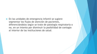 En las unidades de emergencia infantil se sugiere
segmentar los flujos de atención de pacientes,
diferenciándolos según se trate de patología respiratoria o
no, en un intento por disminuir la posibilidad de contagio
al interior de las instituciones de salud.
 