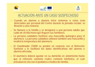 ACTUACIÓN ANTE UN CASO SOSPECHOSO
Cuando un alumno o alumna inicie síntomas o estos sean
detectados por personal del Centro durante la jornada escolar, se
llevarán a una estancia.
Se llamará a la familia y se designará a una persona adulta que
cuide de él/ella hasta que lleguen sus familiares.
La persona cuidadora facilitará una mascarilla quirúrgica para el
alumno/a. La persona cuidadora utilizará también una mascarilla y
medirá la temperatura del alumno/a.
El Coordinador COVID se pondrá en contacto con el Referente
Sanitario y le facilitará los datos identificativos del alumno o
alumna afectada,
El alumno/a deberá quedar en su domicilio en aislamiento hasta
que el referente sanitario realice contacto telefónico, el cual
articulará la cita con el pediatra o médico de familia,
 
