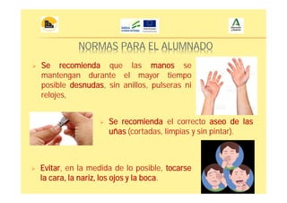 NORMAS PARA EL ALUMNADO
Se recomienda que las manos se
mantengan durante el mayor tiempo
posible desnudas, sin anillos, pulseras ni
relojes,
Se recomienda el correcto aseo de las
uñas (cortadas, limpias y sin pintar).
Evitar, en la medida de lo posible, tocarse
la cara, la nariz, los ojos y la boca.
 
