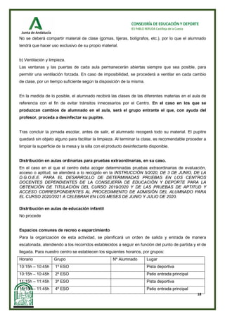 18
CONSEJERÍA DE EDUCACIÓN Y DEPORTE
IES PABLO NERUDA Castilleja de la Cuesta
No se deberá compartir material de clase (gomas, tijeras, bolígrafos, etc.), por lo que el alumnado
tendrá que hacer uso exclusivo de su propio material.
b) Ventilación y limpieza.
Las ventanas y las puertas de cada aula permanecerán abiertas siempre que sea posible, para
permitir una ventilación forzada. En caso de imposibilidad, se procederá a ventilar en cada cambio
de clase, por un tiempo suficiente según la disposición de la misma.
En la medida de lo posible, el alumnado recibirá las clases de las diferentes materias en el aula de
referencia con el fin de evitar tránsitos innecesarios por el Centro. En el caso en los que se
produzcan cambios de alumnado en el aula, será el grupo entrante el que, con ayuda del
profesor, proceda a desinfectar su pupitre.
Tras concluir la jornada escolar, antes de salir, el alumnado recogerá todo su material. El pupitre
quedará sin objeto alguno para facilitar la limpieza. Al terminar la clase, es recomendable proceder a
limpiar la superficie de la mesa y la silla con el producto desinfectante disponible.
Distribución en aulas ordinarias para pruebas extraordinarias, en su caso.
En el caso en el que el centro deba acoger determinadas pruebas extraordinarias de evaluación,
acceso o aptitud, se atenderá a lo recogido en la INSTRUCCIÓN 5/2020, DE 3 DE JUNIO, DE LA
D.G.O.E.E. PARA EL DESARROLLO DE DETERMINADAS PRUEBAS EN LOS CENTROS
DOCENTES DEPENDIENTES DE LA CONSEJERÍA DE EDUCACIÓN Y DEPORTE PARA LA
OBTENCIÓN DE TITULACIÓN DEL CURSO 2019/2020 Y DE LAS PRUEBAS DE APTITUD Y
ACCESO CORRESPONDIENTES AL PROCEDIMIENTO DE ADMISIÓN DEL ALUMNADO PARA
EL CURSO 2020/2021 A CELEBRAR EN LOS MESES DE JUNIO Y JULIO DE 2020.
Distribución en aulas de educación infantil
No procede
Espacios comunes de recreo o esparcimiento
Para la organización de esta actividad, se planificará un orden de salida y entrada de manera
escalonada, atendiendo a los recorridos establecidos a seguir en función del punto de partida y el de
llegada. Para nuestro centro se establecen los siguientes horarios, por grupos:
Horario Grupo Nº Alumnado Lugar
10:15h – 10:45h 1º ESO Pista deportiva
10:15h – 10:45h 2º ESO Patio entrada principal
11:15h – 11:45h 3º ESO Pista deportiva
11:15h – 11:45h 4º ESO Patio entrada principal
 