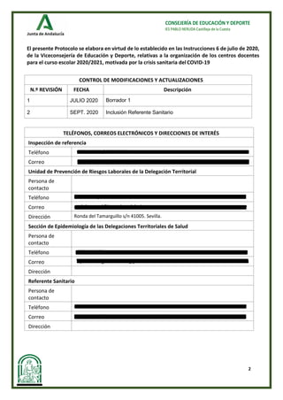 2
CONSEJERÍA DE EDUCACIÓN Y DEPORTE
IES PABLO NERUDA Castilleja de la Cuesta
El presente Protocolo se elabora en virtud de lo establecido en las Instrucciones 6 de julio de 2020,
de la Viceconsejería de Educación y Deporte, relativas a la organización de los centros docentes
para el curso escolar 2020/2021, motivada por la crisis sanitaria del COVID-19
CONTROL DE MODIFICACIONES Y ACTUALIZACIONES
N.º REVISIÓN FECHA Descripción
1 JULIO 2020 Borrador 1
2 SEPT. 2020 Inclusión Referente Sanitario
TELÉFONOS, CORREOS ELECTRÓNICOS Y DIRECCIONES DE INTERÉS
Inspección de referencia
Teléfono 955034359 / 697957061
Correo angeles.guerra.macho.edu@juntadeandalucia.es
Unidad de Prevención de Riesgos Laborales de la Delegación Territorial
Persona de
contacto
Teléfono 618191417/611049
Correo uprl.dpse.ced@juntadeandalucia.es
Dirección Ronda del Tamarguillo s/n 41005. Sevilla.
Sección de Epidemiología de las Delegaciones Territoriales de Salud
Persona de
contacto
Teléfono 955 006 893
Correo epidemiologia.se.csalud@juntadeandalucia.es
Dirección
Referente Sanitario
Persona de
contacto
Teléfono 699420144
Correo Mariac.castillo.gomez.sspa@juntadeandalucia.es
Dirección
 