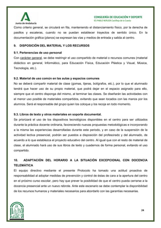 24
CONSEJERÍA DE EDUCACIÓN Y DEPORTE
IES PABLO NERUDA Castilleja de la Cuesta
Como criterio general, se circulará en fila, manteniendo el distanciamiento físico, por la derecha de
pasillos y escaleras, cuando no se puedan establecer trayectos de sentido único. En la
documentación gráfica (planos) se expresan las vías y medios de entrada y salida al centro.
9. DISPOSICIÓN DEL MATERIAL Y LOS RECURSOS
9.1. Pertenencias de uso personal
Con carácter general, se debe restringir el uso compartido de material o recursos comunes (material
didáctico en general, Informático, para Educación Física, Educación Plástica y Visual, Música,
Tecnología, etc.).
9.2. Material de uso común en las aulas y espacios comunes
No se deberá compartir material de clase (gomas, tijeras, bolígrafos, etc.), por lo que el alumnado
tendrá que hacer uso de su propio material, que podrá dejar en el espacio asignado para ello,
siempre que el centro disponga del mismo, al terminar las clases. Se diseñarán las actividades con
el menor uso posible de materiales compartidos, evitando que sean tocados con las manos por los
alumnos. Será el responsable del grupo quien los coloque y los recoja en todo momento.
9.3. Libros de texto y otros materiales en soporte documental.
Se priorizará el uso de los dispositivos tecnológicos disponibles en el centro para ser utilizados
durante la práctica docente ordinaria, favoreciendo nuevas propuestas metodológicas e incorporando
a la misma las experiencias desarrolladas durante este periodo, y en caso de la suspensión de la
actividad lectiva presencial, podrán ser puestos a disposición del profesorado y del alumnado, de
acuerdo a lo que establezca el proyecto educativo del centro. Al igual que con el resto de material de
clase, el alumnado hará uso de sus libros de texto y cuadernos de forma personal, evitando el uso
compartido.
10. ADAPTACIÓN DEL HORARIO A LA SITUACIÓN EXCEPCIONAL CON DOCENCIA
TELEMÁTICA
El equipo directivo mediante el presente Protocolo ha tomado una actitud proactiva de
responsabilidad al adoptar medidas de prevención y control de éstas de cara a la apertura del centro
en el próximo curso escolar, pero hay que prever la posibilidad de que el centro pueda cerrarse a la
docencia presencial ante un nuevo rebrote. Ante este escenario se debe contemplar la disponibilidad
de los recursos humanos y materiales necesarios para abordarlo con las garantías necesarias.
 