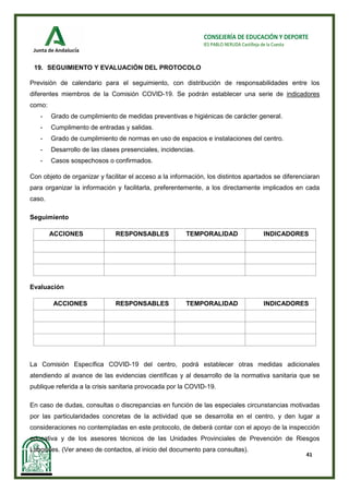 41
CONSEJERÍA DE EDUCACIÓN Y DEPORTE
IES PABLO NERUDA Castilleja de la Cuesta
19. SEGUIMIENTO Y EVALUACIÓN DEL PROTOCOLO
Previsión de calendario para el seguimiento, con distribución de responsabilidades entre los
diferentes miembros de la Comisión COVID-19. Se podrán establecer una serie de indicadores
como:
- Grado de cumplimiento de medidas preventivas e higiénicas de carácter general.
- Cumplimento de entradas y salidas.
- Grado de cumplimiento de normas en uso de espacios e instalaciones del centro.
- Desarrollo de las clases presenciales, incidencias.
- Casos sospechosos o confirmados.
Con objeto de organizar y facilitar el acceso a la información, los distintos apartados se diferenciaran
para organizar la información y facilitarla, preferentemente, a los directamente implicados en cada
caso.
Seguimiento
ACCIONES RESPONSABLES TEMPORALIDAD INDICADORES
Evaluación
ACCIONES RESPONSABLES TEMPORALIDAD INDICADORES
La Comisión Específica COVID-19 del centro, podrá establecer otras medidas adicionales
atendiendo al avance de las evidencias científicas y al desarrollo de la normativa sanitaria que se
publique referida a la crisis sanitaria provocada por la COVID-19.
En caso de dudas, consultas o discrepancias en función de las especiales circunstancias motivadas
por las particularidades concretas de la actividad que se desarrolla en el centro, y den lugar a
consideraciones no contempladas en este protocolo, de deberá contar con el apoyo de la inspección
educativa y de los asesores técnicos de las Unidades Provinciales de Prevención de Riesgos
Laborales. (Ver anexo de contactos, al inicio del documento para consultas).
 