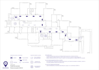 IDENTIFICACIÓN
AUTO
PROTEC
CIÓN
dosurbanas
PLANTA DE ACCESO
Flujo de ENTRADA
Flujo de SALIDASALIDA
ENTRADA
Leyenda de accesos y circulaciones Leyenda de material y recursos
PUNTO HIGIÉNICO
gel hidroalcohólico
ALMACÉN EPIs
material remanente
CONFINAMIENTO
PREVENTIVO
RECUERDA QUE:
- La higiene frecuente de las manos es la medida principal de prevención y control de la infección.
- Hay que mantener la higiene respiratoria: cubrirse la nariz y la boca con un pañuelo al toser y estornudar.
- Mantener distanciamiento físico de 1,5 metros, y cuando no se pueda garantizar, uso OBLIGATORIO de la mascarilla.
EN LOS DESPLAZAMIENTOS POR EL CENTRO:
- Se circulará en fila, manteniendo el distanciamiento físico, por la derecha de pasillos y escaleras, cuando no
se puedan establecer trayectos de sentido único.
EN CASO DE PRESENTAR SÍNTOMAS:
- Avisa inmediatamente a la persona responsable de tu grupo o a la coordinadora COVID-19
Doble sentido
 