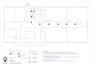 IDENTIFICACIÓN
AUTO
PROTEC
CIÓN
dosurbanas
PLANTA ALTA
Flujo de ENTRADA
Flujo de SALIDASALIDA
ENTRADA
Leyenda de accesos y circulaciones Leyenda de material y recursos
PUNTO HIGIÉNICO
gel hidroalcohólico
ALMACÉN EPIs
material remanente
CONFINAMIENTO
PREVENTIVO
RECUERDA QUE:
- La higiene frecuente de las manos es la medida principal de prevención y control de la infección.
- Hay que mantener la higiene respiratoria: cubrirse la nariz y la boca con un pañuelo al toser y estornudar.
- Mantener distanciamiento físico de 1,5 metros, y cuando no se pueda garantizar, uso OBLIGATORIO de la mascarilla.
EN LOS DESPLAZAMIENTOS POR EL CENTRO:
- Se circulará en fila, manteniendo el distanciamiento físico, por la derecha de pasillos y escaleras, cuando no
se puedan establecer trayectos de sentido único.
EN CASO DE PRESENTAR SÍNTOMAS:
- Avisa inmediatamente a la persona responsable de tu grupo o a la coordinadora COVID-19
Doble sentido
SOLO BAJADA
 