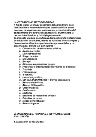 V.-ESTRATEGIAS METODOLÓGICAS
A fin de lograr un mejor desarrollo del aprendizaje, sera
realizado en el marco del enfoque constructivista, en un
proceso de organización, elaboración y construcción del
conocimiento del cual es responsable el alumno bajo la
docencia facilitadora y tutoriaje permanente.
El presente modulo será desarrollado aplicando metodologías
de educación de adultos, donde se hara uso de estrategias y
herramientas didácticas participativas presenciales y no
presenciales, siendo las ´principales :
      a. Observacion de situaciones clinicas
      b. Rondas o visitas
      c. Demostraciones:
      d. Juego de roles
      e. Simulaciones
      f. Ensayo
      g. Dinamica en pequeños grupos
      h. Preguntas o interrogación Mayeutica de Socrates
      i. Tutoriaje
      j. Fotolenguaje
      k. Lecturas,
      l. cassettes y videos,
      m. CD- rom,DVD,INTERNET, Correo electrónico
      n. Revista de revistas,
      o. Ateneo bibliografico
      p. Clase magistral
      q. Conferencia
      r. Historias
      s. Estudios de incidentes críticos
      t. Estudios de casos
      u. Mapas conceptuales
      v. Ruedas logicas



VI.-INDICADORES, TÉCNICAS E INSTRUMENTOS DE
EVALUACIÓN

1. Evaluación de resultados:
 