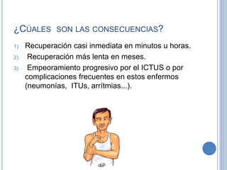 ¿CÚALES SON LAS CONSECUENCIAS?
1) Recuperación casi inmediata en minutos u horas.
2) Recuperación más lenta en meses.
3) Empeoramiento progresivo por el ICTUS o por
complicaciones frecuentes en estos enfermos
(neumonías, ITUs, arrítmias...).
 