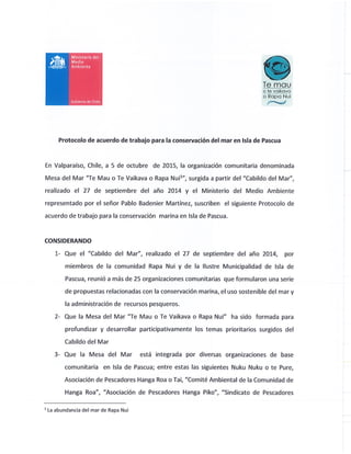 Protocolo de acuerdo de trabajo para la conservación del mar en isla de pascua 2