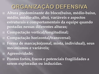  Altura predominante do bloco(baixo, médio-baixo,
médio, médio-alto, alto), variáveis e aspectos
estruturais e comportamentais da equipe quando
postadas nessas diferentes alturas;
 Compactação vertical/longitudinal;
 Compactação horizontal/transversal;
 Forma de marcação(zonal, mista, individual), seus
mecanismos e variáveis;
 Agressividade;
 Pontos fortes, fracos e potenciais fragilidades a
serem exploradas ou induzidas.
 