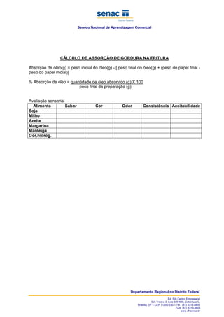Serviço Nacional de Aprendizagem Comercial
Departamento Regional no Distrito Federal
Ed. SIA Centro Empresarial
SIA Trecho 3, Lote 625/695, Cobertura C,
Brasília, DF – CEP 71200-030 – Tel.: (61) 3313-8800
FAX: (61) 3313-8803
www.df.senac.br
CÁLCULO DE ABSORÇÃO DE GORDURA NA FRITURA
Absorção de óleo(g) = peso inicial do óleo(g) - [ peso final do óleo(g) + (peso do papel final -
peso do papel inicial)]
% Absorção de óleo = quantidade de óleo absorvido (g) X 100
peso final da preparação (g)
Avaliação sensorial
Alimento Sabor Cor Odor Consistência Aceitabilidade
Soja
Milho
Azeite
Margarina
Manteiga
Gor.hidrog.
 