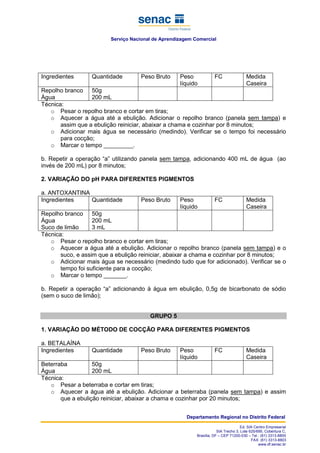 Serviço Nacional de Aprendizagem Comercial
Departamento Regional no Distrito Federal
Ed. SIA Centro Empresarial
SIA Trecho 3, Lote 625/695, Cobertura C,
Brasília, DF – CEP 71200-030 – Tel.: (61) 3313-8800
FAX: (61) 3313-8803
www.df.senac.br
Ingredientes Quantidade Peso Bruto Peso
líquido
FC Medida
Caseira
Repolho branco
Água
50g
200 mL
Técnica:
o Pesar o repolho branco e cortar em tiras;
o Aquecer a água até a ebulição. Adicionar o repolho branco (panela sem tampa) e
assim que a ebulição reiniciar, abaixar a chama e cozinhar por 8 minutos;
o Adicionar mais água se necessário (medindo). Verificar se o tempo foi necessário
para cocção;
o Marcar o tempo _________.
b. Repetir a operação “a” utilizando panela sem tampa, adicionando 400 mL de água (ao
invés de 200 mL) por 8 minutos;
2. VARIAÇÃO DO pH PARA DIFERENTES PIGMENTOS
a. ANTOXANTINA
Ingredientes Quantidade Peso Bruto Peso
líquido
FC Medida
Caseira
Repolho branco
Água
Suco de limão
50g
200 mL
3 mL
Técnica:
o Pesar o repolho branco e cortar em tiras;
o Aquecer a água até a ebulição. Adicionar o repolho branco (panela sem tampa) e o
suco, e assim que a ebulição reiniciar, abaixar a chama e cozinhar por 8 minutos;
o Adicionar mais água se necessário (medindo tudo que for adicionado). Verificar se o
tempo foi suficiente para a cocção;
o Marcar o tempo _______.
b. Repetir a operação “a” adicionando à água em ebulição, 0,5g de bicarbonato de sódio
(sem o suco de limão);
GRUPO 5
1. VARIAÇÃO DO MÉTODO DE COCÇÃO PARA DIFERENTES PIGMENTOS
a. BETALAÍNA
Ingredientes Quantidade Peso Bruto Peso
líquido
FC Medida
Caseira
Beterraba
Água
50g
200 mL
Técnica:
o Pesar a beterraba e cortar em tiras;
o Aquecer a água até a ebulição. Adicionar a beterraba (panela sem tampa) e assim
que a ebulição reiniciar, abaixar a chama e cozinhar por 20 minutos;
 