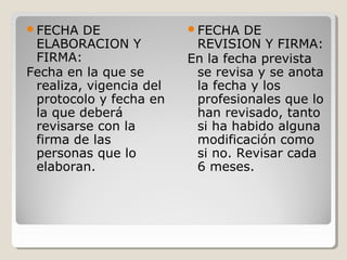 FECHA DE 
ELABORACION Y 
FIRMA: 
Fecha en la que se 
realiza, vigencia del 
protocolo y fecha en 
la que deberá 
revisarse con la 
firma de las 
personas que lo 
elaboran. 
FECHA DE 
REVISION Y FIRMA: 
En la fecha prevista 
se revisa y se anota 
la fecha y los 
profesionales que lo 
han revisado, tanto 
si ha habido alguna 
modificación como 
si no. Revisar cada 
6 meses. 
 