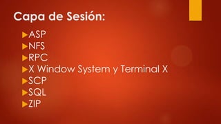 Capa de Sesión:
ASP
NFS
RPC
X Window System y Terminal X
SCP
SQL
ZIP
 