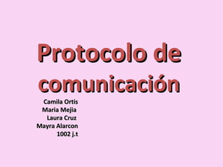 Protocolo deProtocolo de
comunicacióncomunicación
Camila OrtisCamila Ortis
Maria MejiaMaria Mejia
Laura CruzLaura Cruz
Mayra AlarconMayra Alarcon
1002 j.t1002 j.t
 