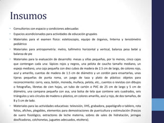 Insumos
• Consultorios con espacio y condiciones adecuadas
• Espacios acondicionados para actividades de educación grupales
• Materiales para el examen físico: estetoscopio, equipo de órganos, linterna y tensiómetro
pediátrico
• Materiales para antropometría: metro, tallímetro horizontal y vertical, balanza pesa bebé y
balanza de pie
• Materiales para la evaluación de desarrollo: mesas y sillas pequeñas, por lo menos, cinco cajas
que contengan cada una: lápices rojos y negros, una pelota de caucho tamaño mediano, un
espejo mediano, una caja pequeña con diez cubos de madera de 2.5 cm de largo, de colores rojo,
azul y amarillo, cuentas de madera de 1.5 cm de diámetro y un cordón para ensartarlas, unas
tijeras pequeñas de punta roma, un juego de taza y plato de plástico: objetos para
reconocimiento: carro, vaca, botón, moneda, muñeca, pelota, etc., cuentos o revistas con dibujos
o fotografías, libretas de cien hojas, un tubo de cartón o PVC de 25 cm de largo y 5 cm de
diámetro, una campana pequeña con asa, una bolsa de tela que contiene seis cuadrados, seis
triángulos y seis círculos de madera o plástico, en colores amarillo, azul y rojo, de dos tamaños, de
8 y 5 cm de lado.
• Materiales para las actividades educativas: televisión, VHS, grabadora, papelógrafo o tablero, rota
folios, afiches, plegables, elementos para demostraciones de puericultura y estimulación (frascos
de suero fisiológico, extractores de leche materna, sobres de sales de hidratación, jeringas
dosificadoras, colchonetas, juguetes adecuados, etcétera).
 