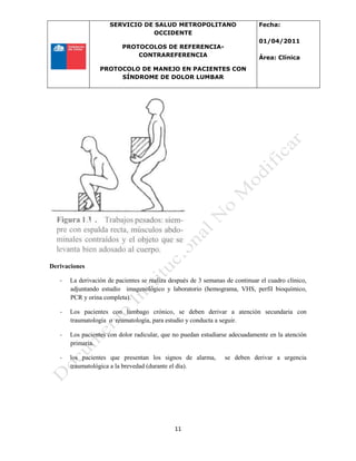 SERVICIO DE SALUD METROPOLITANO
OCCIDENTE
PROTOCOLOS DE REFERENCIA-
CONTRAREFERENCIA
PROTOCOLO DE MANEJO EN PACIENTES CON
SÍNDROME DE DOLOR LUMBAR
Fecha:
01/04/2011
Área: Clínica
11
Derivaciones
- La derivación de pacientes se realiza después de 3 semanas de continuar el cuadro clínico,
adjuntando estudio imagenológico y laboratorio (hemograma, VHS, perfil bioquímico,
PCR y orina completa).
- Los pacientes con lumbago crónico, se deben derivar a atención secundaria con
traumatología o reumatología, para estudio y conducta a seguir.
- Los pacientes con dolor radicular, que no puedan estudiarse adecuadamente en la atención
primaria.
- los pacientes que presentan los signos de alarma, se deben derivar a urgencia
traumatológica a la brevedad (durante el día).
 