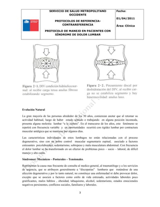 SERVICIO DE SALUD METROPOLITANO
OCCIDENTE
PROTOCOLOS DE REFERENCIA-
CONTRAREFERENCIA
PROTOCOLO DE MANEJO EN PACIENTES CON
SÍNDROME DE DOLOR LUMBAR
Fecha:
01/04/2011
Área: Clínica
3
Evolución Natural
La gran mayoría de las personas alrededor de los 30 años, comienzan anotar que al retomar su
actividad habitual, luego de haber estado sentado o trabajando en alguna posición incomoda,
presenta alguna molestia lumbar “a la cintura”. En el transcurso de los años, este fenómeno se
repetirá con frecuencia variable y en oportunidades ocurrirá con rigidez lumbar por contractura
muscular antálgica que se mantiene por algunos días.
Las características individuales de estos lumbagos no están relacionadas con el proceso
degenerativo, sino con un pobre control muscular segmentario espinal, asociado a factores
estresantes psicolaborales, sedentarismo, sobrepeso y mala musculatura abdominal. Con frecuencia
el dolor lumbar se ha transformado en un efector de problemas psico – socio – laboral, de difícil
manejo y alto costo.
Síndromes: Mecánicos – Posturales – Tensionales.
Representan la causa mas frecuente de consulta al medico general, al traumatólogo y a los servicios
de urgencia, que se atribuyen generalmente a “discopatias” lumbares que tratándose de una
afección degenerativa y por lo tanto natural, no constituye una enfermedad ni debe provocar dolor,
excepto que se asocien a factores como estilo de vida estresado, actividades laborales poco
gratificantes, malos hábitos , obesidad, tabaquismo, alcohol, sedentarismo, estados emocionales
negativos persistentes, conflictos sociales, familiares y laborales.
 