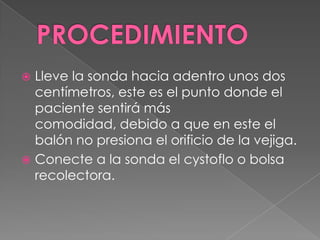PROCEDIMIENTOLleve la sonda hacia adentro unos dos centímetros, este es el punto donde el paciente sentirá más comodidad, debido a que en este el balón no presiona el orificio de la vejiga.Conecte a la sonda el cystoflo o bolsa recolectora.