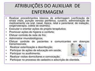 ATRIBUIÇÕES DO AUXILIAR DE
ENFERMAGEM
• Realizar procedimentos básicos de enfermagem (verificação de
sinais vitais, punção venosa periférica, curativo, administração de
medicamento via oral, nasal, tópica, retal e parenteral, de inalação,
oxigenoterapia, coleta de exames);
• Executar e orientar ações do projeto terapêutico;
• Promover ações de higiene e conforto;
• Efetuar controle de rede de frio;
• Administrar imunobiológicos;
• Efetuar controle de pacientes e comunicantes em doenças
transmissíveis;
• Realizar esterilização e desinfecção;
• Participar de ações de educação em saúde;
• Participar no acolhimento;
• Realizar visitas domiciliares e convocação;
• Participar no processo de cadastro e adscrição de clientela.
 