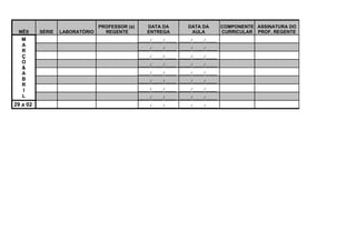 PROFESSOR (a)      DATA DA            DATA DA         COMPONENTE ASSINATURA DO
 MÊS      SÉRIE   LABORATÓRIO     REGENTE          ENTREGA             AULA           CURRICULAR PROF. REGENTE
  M                                             _____/_____/_____ _____/_____/_____
  A
                                                _____/_____/_____ _____/_____/_____
  R
  Ç                                             _____/_____/_____ _____/_____/_____
  O
                                                _____/_____/_____ _____/_____/_____
  &
  A                                             _____/_____/_____ _____/_____/_____
  B                                             _____/_____/_____ _____/_____/_____
  R
  I                                             _____/_____/_____ _____/_____/_____
  L                                             _____/_____/_____ _____/_____/_____
29 a 02                                         _____/_____/_____ _____/_____/_____
 
