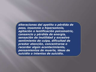 alteraciones del apetito o pérdida de 
peso, insomnio o hipersomnio, 
agitación o lentificación psicomotriz, 
cansancio y pérdida de energía, 
sensación de inutilidad y excesivo 
sentimiento de culpa, dificultad de 
prestar atención, concentrarse o 
recordar algún acontecimiento, 
pensamientos de muerte, ideas de 
suicidio o intentos de suicidio. 
 