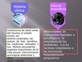 Historia 
clínica 
Condiciones de salud antes 
del trauma, el estado 
actual, los 
dolores corporales, las 
quejas de tipo somático, 
las medicinas utilizadas y 
sus efectos secundarios, 
aspectos importantes de la 
vida sexual, intervenciones 
quirúrgicas anteriores y 
otros 
datos médicos 
Historia 
psiquiátrica 
Antecedentes de 
transtornos mentales o 
psicológicos, la 
naturaleza de los 
problemas, y si ha 
recibido tratamiento o 
ha necesitado 
hospitalización 
psiquiatrica 
 