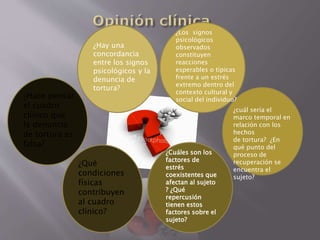 ¿Hay una 
concordancia 
entre los signos 
psicológicos y la 
denuncia de 
tortura? 
¿Los signos 
psicológicos 
observados 
constituyen 
reacciones 
esperables o típicas 
frente a un estrés 
extremo dentro del 
contexto cultural y 
social del individuo? 
¿cuál sería el 
marco temporal en 
relación con los 
hechos 
de tortura? ¿En 
qué punto del 
proceso de 
recuperación se 
encuentra el 
sujeto? 
¿Cuáles son los 
factores de 
estrés 
coexistentes que 
afectan al sujeto 
? ¿Qué 
repercusión 
tienen estos 
factores sobre el 
sujeto? 
¿Qué 
condiciones 
físicas 
contribuyen 
al cuadro 
clínico? 
¿Hace pensar 
el cuadro 
clínico que 
la denuncia 
de tortura es 
falsa? 
 