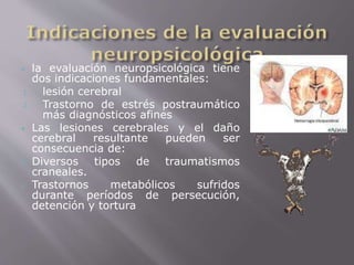  la evaluación neuropsicológica tiene 
dos indicaciones fundamentales: 
1. lesión cerebral 
2. Trastorno de estrés postraumático 
más diagnósticos afines 
 Las lesiones cerebrales y el daño 
cerebral resultante pueden ser 
consecuencia de: 
 Diversos tipos de traumatismos 
craneales. 
 Trastornos metabólicos sufridos 
durante períodos de persecución, 
detención y tortura 
 