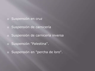  Suspensión en cruz 
 Suspensión de carnicería 
 Suspensión de carnicería inversa 
 Suspensión "Palestina". 
 Suspensión en "percha de loro". 
 