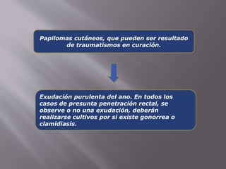 Papilomas cutáneos, que pueden ser resultado 
de traumatismos en curación. 
Exudación purulenta del ano. En todos los 
casos de presunta penetración rectal, se 
observe o no una exudación, deberán 
realizarse cultivos por si existe gonorrea o 
clamidiasis. 
 
