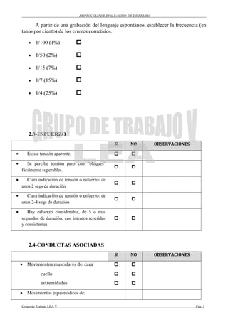 PROTOCOLO DE EVALUACIÓN DE DISFEMIAS
A partir de una grabación del lenguaje espontáneo, establecer la frecuencia (en
tanto por ciento) de los errores cometidos.
• 1/100 (1%) 
• 1/50 (2%) 
• 1/15 (7%) 
• 1/7 (15%) 
• 1/4 (25%) 
2.3-ESFUERZO
SI NO OBSERVACIONES
• Existe tensión aparente.  
• Se percibe tensión pero con “bloques”
fácilmente superables.
 
• Clara indicación de tensión o esfuerzo: de
unos 2 segs de duración
 
• Clara indicación de tensión o esfuerzo: de
unos 2-4 segs de duración
 
• Hay esfuerzo considerable, de 5 o más
segundos de duración, con intentos repetidos
y consistentes
 
2.4-CONDUCTAS ASOCIADAS
SI NO OBSERVACIONES
• Movimientos musculares de: cara
cuello
extremidades






• Movimientos espasmódicos de:
Grupo de Trabajo LEA V Pág. 3
 