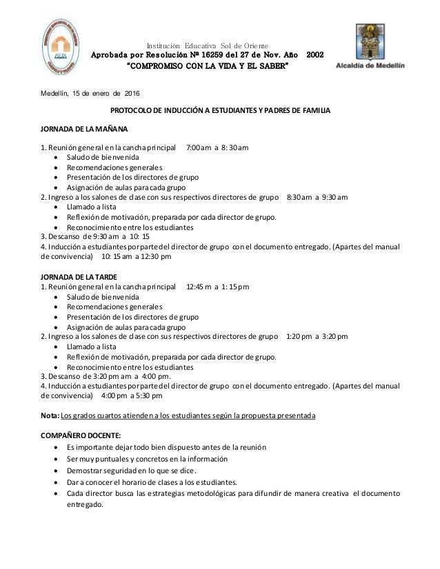Protocolo de Inducción a Estudiantes y Padres de Familia
