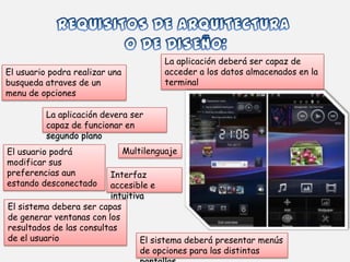 El usuario podra realizar una
busqueda atraves de un
menu de opciones
El usuario podrá
modificar sus
preferencias aun
estando desconectado
El sistema debera ser capas
de generar ventanas con los
resultados de las consultas
de el usuario El sistema deberá presentar menús
de opciones para las distintas
La aplicación devera ser
capaz de funcionar en
segundo plano
La aplicación deberá ser capaz de
acceder a los datos almacenados en la
terminal
Interfaz
accesible e
intuitiva
Multilenguaje
 