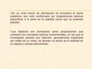En un nivel menor de abstracción se encuentra la teoría
sustantiva que está conformada por proposiciones teóricas
específicas a la parte de la realidad social que se pretende
estudiar.
Los objetivos son formulados como proposiciones que
contienen los conceptos teóricos fundamentales, en las que el
investigador postula una intención, generalmente explicitada
por medio de un verbo, de abordar un sector de la realidad en
un espacio y tiempo determinado.
 