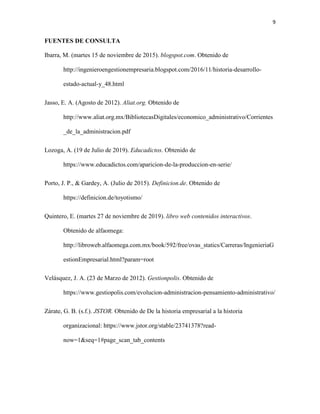 9
FUENTES DE CONSULTA
Ibarra, M. (martes 15 de noviembre de 2015). blogspot.com. Obtenido de
http://ingenieroengestionempresaria.blogspot.com/2016/11/historia-desarrollo-
estado-actual-y_48.html
Jasso, E. A. (Agosto de 2012). Aliat.org. Obtenido de
http://www.aliat.org.mx/BibliotecasDigitales/economico_administrativo/Corrientes
_de_la_administracion.pdf
Lozoga, A. (19 de Julio de 2019). Educadictos. Obtenido de
https://www.educadictos.com/aparicion-de-la-produccion-en-serie/
Porto, J. P., & Gardey, A. (Julio de 2015). Definicion.de. Obtenido de
https://definicion.de/toyotismo/
Quintero, E. (martes 27 de noviembre de 2019). libro web contenidos interactivos.
Obtenido de alfaomega:
http://libroweb.alfaomega.com.mx/book/592/free/ovas_statics/Carreras/IngenieriaG
estionEmpresarial.html?param=root
Velásquez, J. A. (23 de Marzo de 2012). Gestionpolis. Obtenido de
https://www.gestiopolis.com/evolucion-administracion-pensamiento-administrativo/
Zárate, G. B. (s.f.). JSTOR. Obtenido de De la historia empresarial a la historia
organizacional: https://www.jstor.org/stable/23741378?read-
now=1&seq=1#page_scan_tab_contents
 