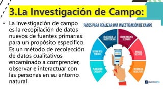 • La investigación de campo
es la recopilación de datos
nuevos de fuentes primarias
para un propósito específico.
Es un método de recolección
de datos cualitativos
encaminado a comprender,
observar e interactuar con
las personas en su entorno
natural.
 