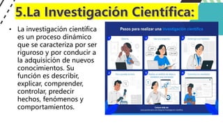 • La investigación científica
es un proceso dinámico
que se caracteriza por ser
riguroso y por conducir a
la adquisición de nuevos
conocimientos. Su
función es describir,
explicar, comprender,
controlar, predecir
hechos, fenómenos y
comportamientos.
 
