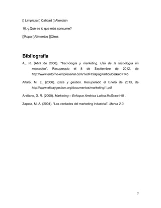 [] Limpieza [] Calidad [] Atención

10.-¿Qué es lo que más consume?

[]Ropa []Alimentos []Otros




Bibliografía
A., R. (Abril de 2006). "Tecnología y marketing. Uso de la tecnología en
       mercadeo".     Recuperado     el   8   de   Septiembre     de    2012,   de
       http://www.entorno-empresarial.com/?ed=79&pag=articulos&aid=145

Alfaro, M. E. (2006). Etica y gestion. Recuperado el Enero de 2013, de
       http://www.eticaygestion.org/documentos/marketing/1.pdf

Arellano, D. R. (2000). Marketing – Enfoque América Latina.McGraw-Hill .

Zapata, M. A. (2004). “Las verdades del marketing industrial”. Merca 2.0.




                                                                                 7
 
