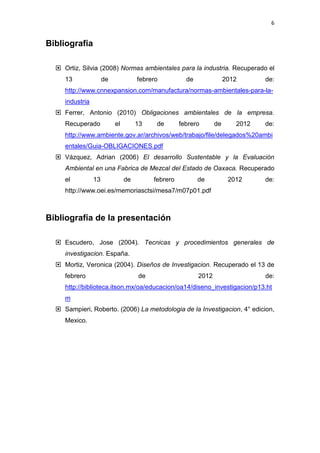6


Bibliografía

   Ortiz, Silvia (2008) Normas ambientales para la industria. Recuperado el
     13               de             febrero          de               2012      de:
     http://www.cnnexpansion.com/manufactura/normas-ambientales-para-la-
     industria
   Ferrer, Antonio (2010) Obligaciones ambientales de la empresa.
     Recuperado            el        13    de       febrero       de      2012   de:
     http://www.ambiente.gov.ar/archivos/web/trabajo/file/delegados%20ambi
     entales/Guia-OBLIGACIONES.pdf
   Vázquez, Adrian (2006) El desarrollo Sustentable y la Evaluación
     Ambiental en una Fabrica de Mezcal del Estado de Oaxaca. Recuperado
     el          13             de        febrero          de           2012     de:
     http://www.oei.es/memoriasctsi/mesa7/m07p01.pdf



Bibliografía de la presentación

   Escudero, Jose (2004). Tecnicas y procedimientos generales de
     investigacion. España.
   Mortiz, Veronica (2004). Diseños de Investigacion. Recuperado el 13 de
     febrero                         de                    2012                  de:
     http://biblioteca.itson.mx/oa/educacion/oa14/diseno_investigacion/p13.ht
     m
   Sampieri, Roberto. (2006) La metodologia de la Investigacion, 4° edicion,
     Mexico.
 
