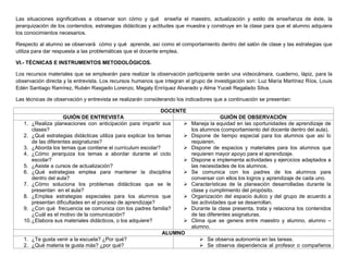 Las situaciones significativas a observar son cómo y qué enseña el maestro, actualización y estilo de enseñanza de éste, la
jerarquización de los contenidos, estrategias didácticas y actitudes que muestra y construye en la clase para que el alumno adquiera
los conocimientos necesarios.
Respecto al alumno se observará cómo y qué aprende, así como el comportamiento dentro del salón de clase y las estrategias que
utiliza para dar respuesta a las problemáticas que el docente emplea.
VI.- TÉCNICAS E INSTRUMENTOS METODOLÓGICOS.
Los recursos materiales que se emplearán para realizar la observación participante serán una videocámara, cuaderno, lápiz, para la
observación directa y la entrevista. Los recursos humanos que integran el grupo de investigación son: Luz María Martínez Ríos, Louis
Edén Santiago Ramírez, Rubén Rasgado Lorenzo, Magaly Enríquez Alvarado y Alma Yuceli Regalado Silva.
Las técnicas de observación y entrevista se realizarán considerando los indicadores que a continuación se presentan:
DOCENTE
GUIÓN DE ENTREVISTA
1. ¿Realiza planeaciones con anticipación para impartir sus

clases?
2. ¿Qué estrategias didácticas utiliza para explicar los temas

de las diferentes asignaturas?
3. ¿Aborda los temas que contiene el currículum escolar?

4. ¿Cómo jerarquiza los temas a abordar durante el ciclo
escolar?

5. ¿Asiste a cursos de actualización?
6. ¿Qué estrategias emplea para mantener la disciplina

dentro del aula?
7. ¿Cómo soluciona los problemas didácticas que se le

presentan en el aula?
8. ¿Emplea estrategias especiales para los alumnos que

presentan dificultades en el proceso de aprendizaje?
9. ¿Con qué frecuencia se comunica con los padres familia?

¿Cuál es el motivo de la comunicación?
10. ¿Elabora sus materiales didácticos, o los adquiere?


GUIÓN DE OBSERVACIÓN
Maneja la equidad en las oportunidades de aprendizaje de
los alumnos (comportamiento del docente dentro del aula).
Dispone de tiempo especial para los alumnos que así lo
requieren.
Dispone de espacios y materiales para los alumnos que
requieren mayor apoyo para el aprendizaje.
Dispone e implementa actividades y ejercicios adaptados a
las necesidades de los alumnos.
Se comunica con los padres de los alumnos para
conversar con ellos los logros y aprendizaje de cada uno.
Características de la planeación desarrolladas durante la
clase y cumplimiento del propósito.
Organización del espacio áulico y del grupo de acuerdo a
las actividades que se desarrollan.
Durante la clase presenta, trata y relaciona los contenidos
de las diferentes asignaturas.
Clima que se genera entre maestro y alumno, alumno –
alumno.

ALUMNO
1. ¿Te gusta venir a la escuela? ¿Por qué?
2. ¿Qué materia te gusta más? ¿por qué?

 Se observa autonomía en las tareas.
 Se observa dependencia al profesor o compañeros

 