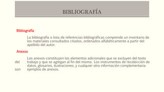 BIBLIOGRAFÍA
Bibliografía
La bibliografía o lista de referencias bibliográficas comprende un inventario de
los materiales consultados citados, ordenados alfabéticamente a partir del
apellido del autor.
Anexos
Los anexos constituyen los elementos adicionales que se excluyen del texto
del trabajo y que se agregan al fin del mismo. Los instrumentos de recolección de
datos, glosarios, ilustraciones, y cualquier otra información complementaria
son ejemplos de anexos.
 